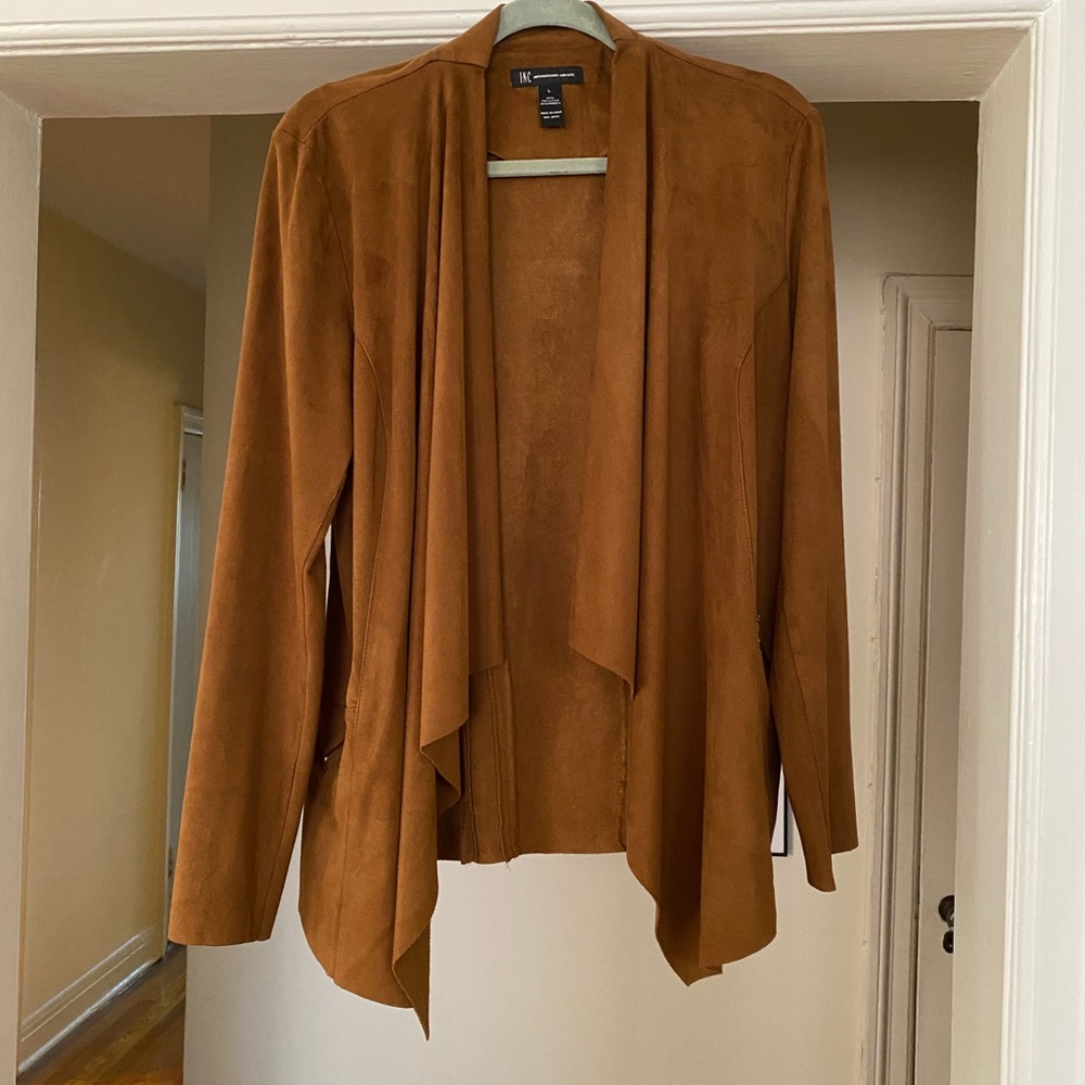 INC faux suede brown waterfall blazer with gold-tone zippers